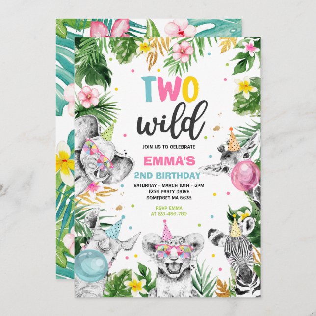Two Wild Birthday Gold Safari Jungle Animals Party Invitation (Front/Back)