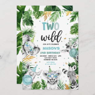 Two Wild Birthday Gold Safari Jungle Animals Party Invitation