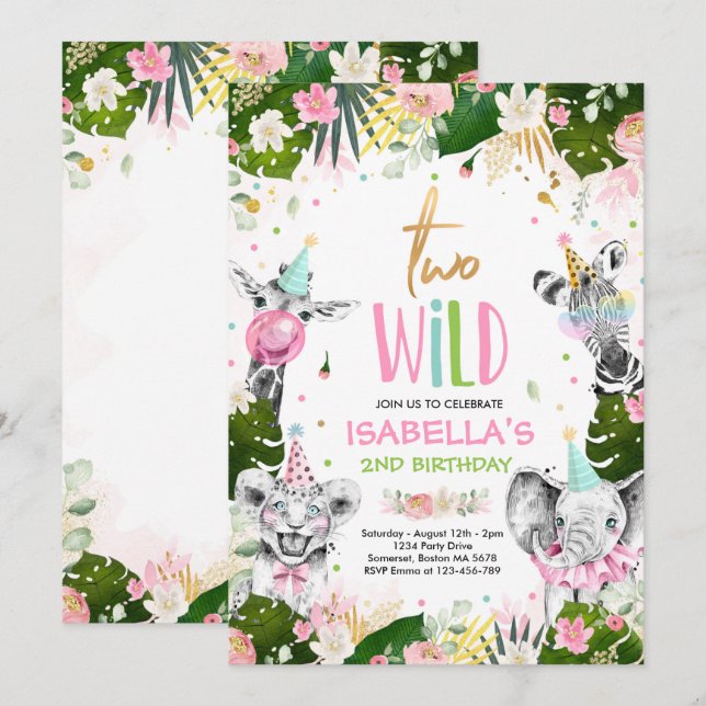 Two Wild Birthday Gold Safari Jungle Animals Party Invitation (Front/Back)