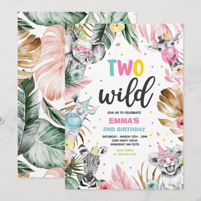 Two Wild Birthday Gold Safari Jungle Animals Party Invitation (Front/Back)