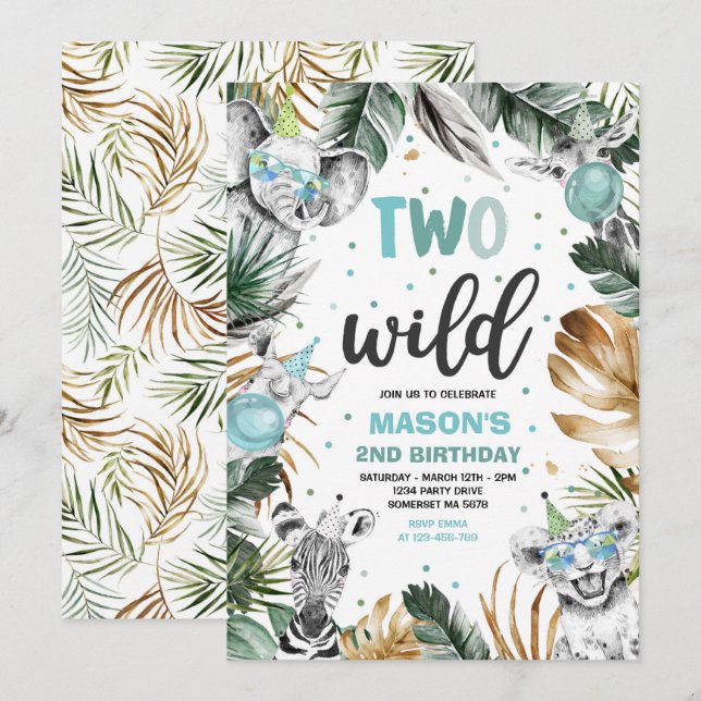 Two Wild Birthday Gold Safari Jungle Animals Party Invitation (Front/Back)