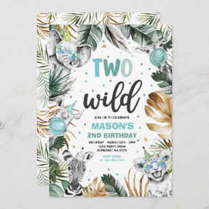 Two Wild Birthday Gold Safari Jungle Animals Party Invitation