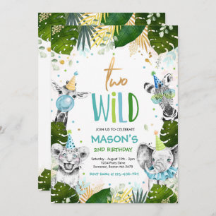 Two Wild Birthday Gold Safari Jungle Animals Party Invitation