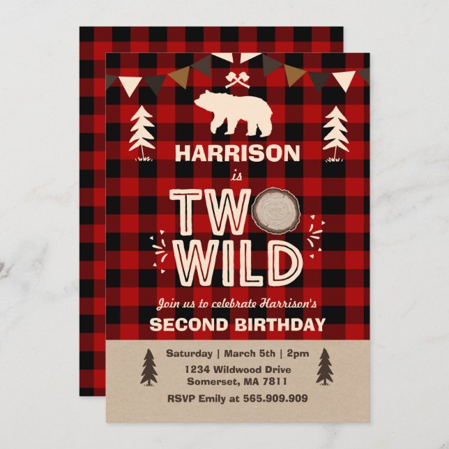 Two Wild Birthday Invitation Lumberjack Two Wild (Front/Back)
