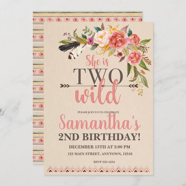 Two Wild Boho Chic Birthday Invitation (Front/Back)