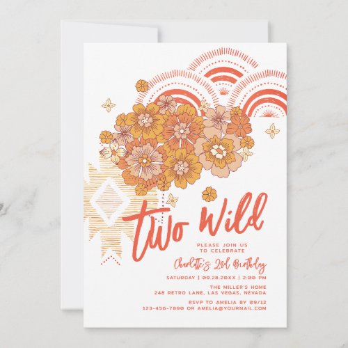 Two Wild Boho Floral Groovy 2nd Birthday Party Inv Invitation