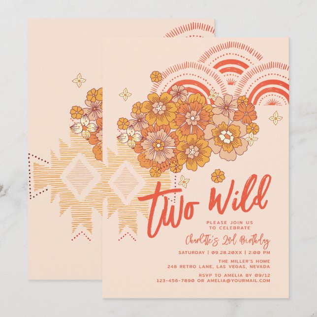 Two Wild Boho Floral Groovy 2nd Birthday Party Invitation (Front/Back)