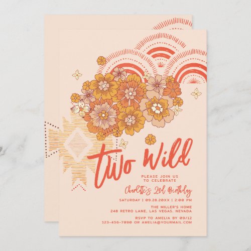 Two Wild Boho Floral Groovy 2nd Birthday Party Invitation