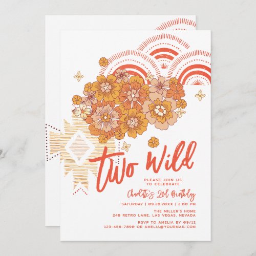 Two Wild Boho Floral Groovy 2nd Birthday Party Invitation