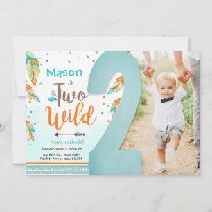Two Wild Boho Tribal Feathers Boy Second Birthday Invitation