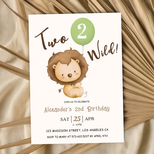 Two Wild Boy 2nd Birthday Lion Sage Green Balloon  Invitation