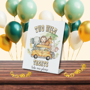 Two Wild boys birthday safari animals Pedestal Sign