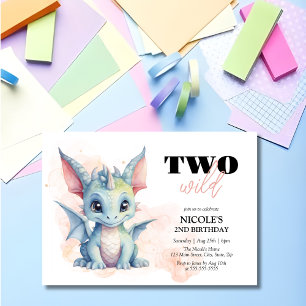 Two Wild Cute Baby Dragon Fairytale 2nd Birthday Invitation