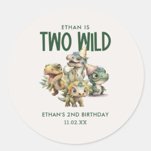 Two Wild Cute Dinosaur 2nd Birthday Party Favor Classic Round Sticker