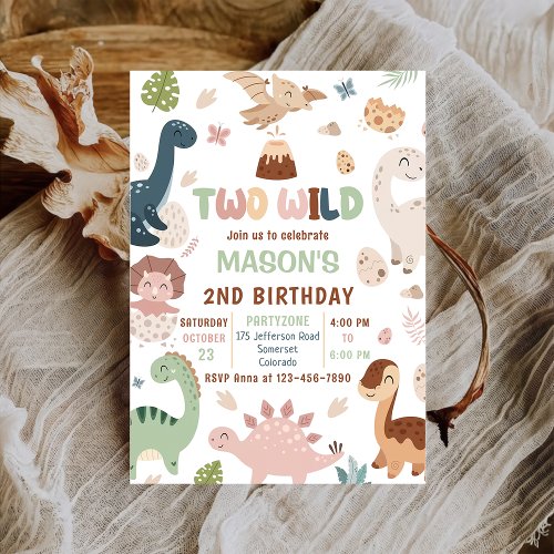 Two Wild Cute Dinosaur 2nd Birthday Party Invitation
