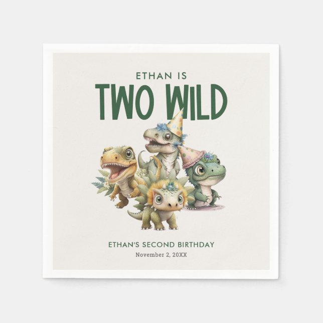 Two Wild Cute Dinosaur 2nd Birthday Party Napkins (Front)