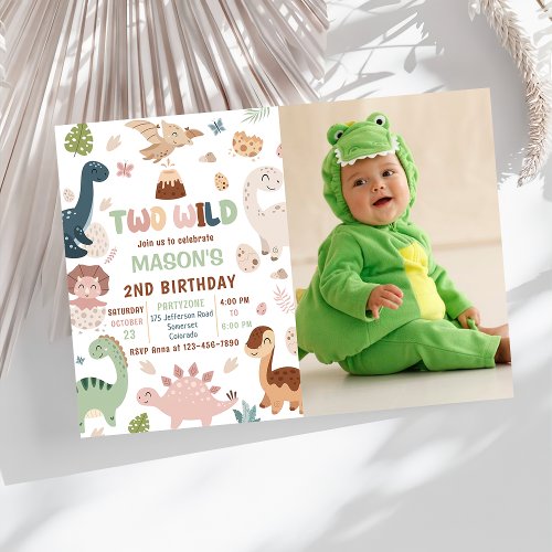 Two Wild Cute Dinosaur 2nd Birthday Photo Invitation