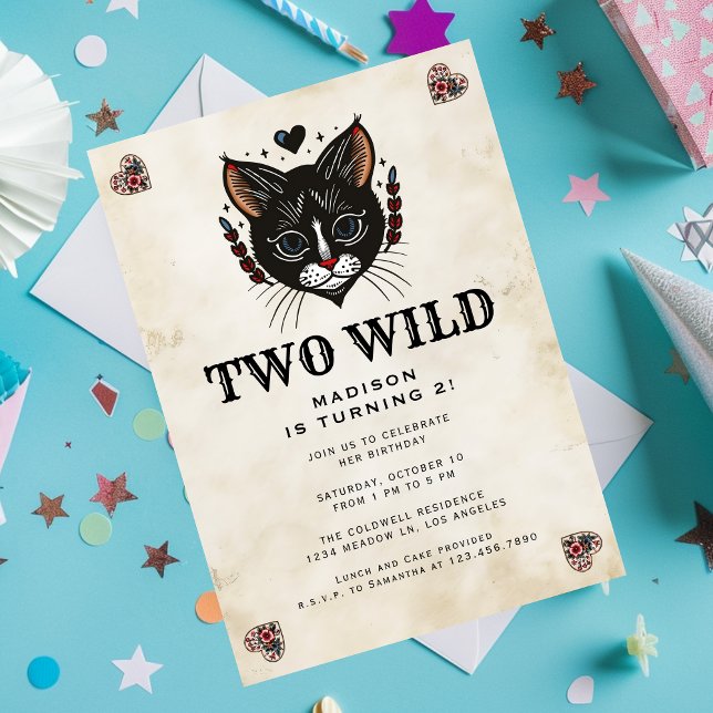 Two Wild Cute Kitten Cat Rockabilly 2nd Birthday Invitation (Creator Uploaded)
