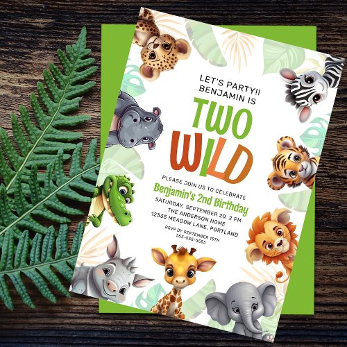 Two Wild Cute Safari Animal Childs 2nd Birthday Invitation