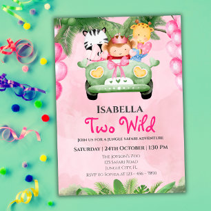 Two Wild Cute Safari Animals Girls 2nd Birthday Invitation