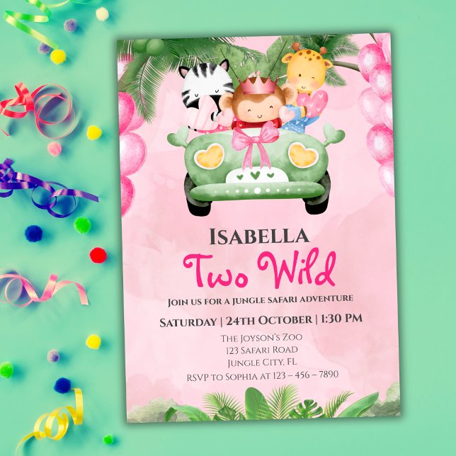 Two Wild Cute Safari Animals Girls 2nd Birthday  Invitation (Creator Uploaded)