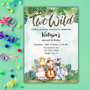 Two Wild Cute Safari Animals Girls 2nd Birthday Invitation