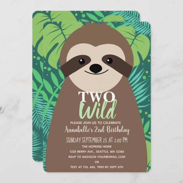 Two Wild Cute Sloth Kids Second Birthday Invitation (Front/Back)