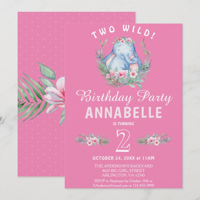 Two Wild Cute Tropical Elephant Pink Birthday Invitation (Front/Back)