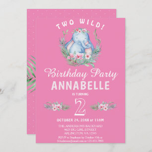 Two Wild Cute Tropical Elephant Pink Birthday Invitation