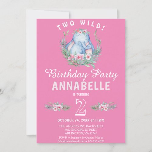 Two Wild Cute Tropical Elephant Pink Birthday Invitation