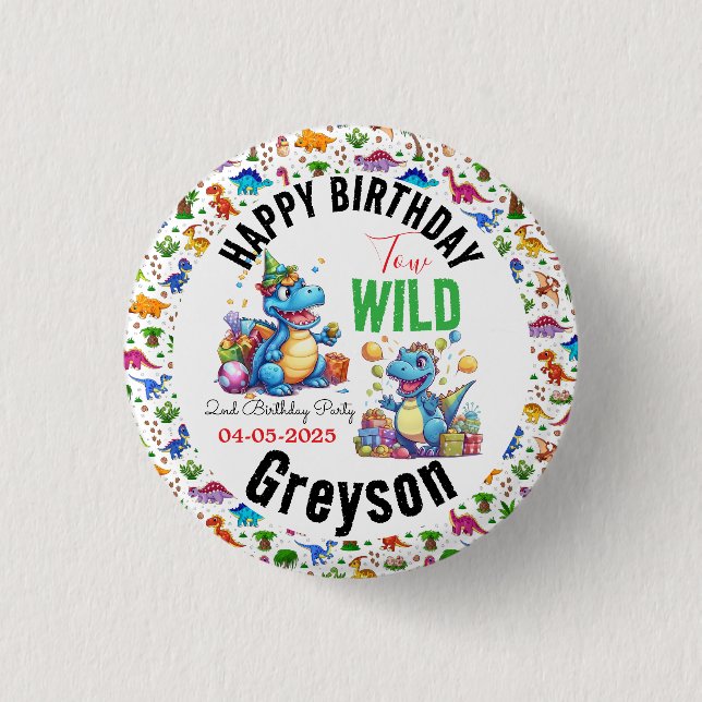 Two Wild Dino Party Boy Dinosaur 2nd Birthday  Button (Front)