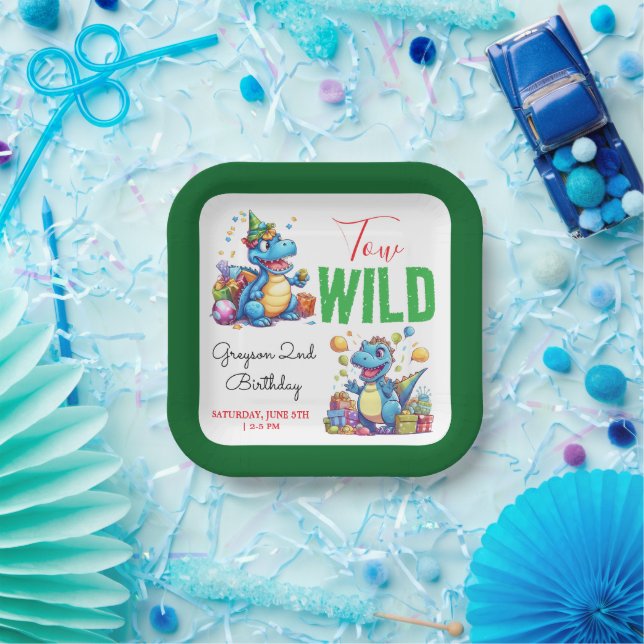 Two Wild Dino Party Boy Dinosaur 2nd Birthday  Paper Plates (Party)