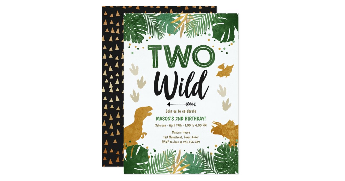 Two Wild Dino Party Boy Gold Dinosaur 2nd Birthday Invitation