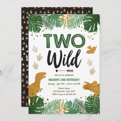 Two Wild Dino Party Boy Gold Dinosaur 2nd Birthday Invitation