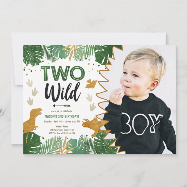 Two Wild Dino Party Boy Gold Dinosaur 2nd Birthday Invitation (Front)