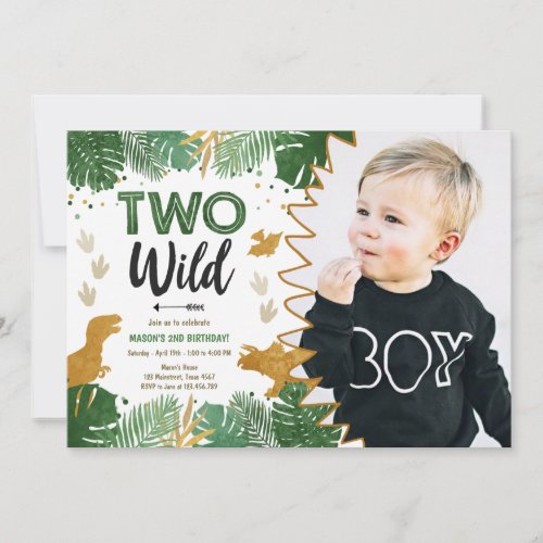 Two Wild Dino Party Boy Gold Dinosaur 2nd Birthday Invitation