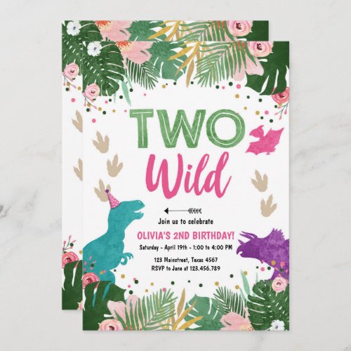 Two Wild Dino Party Girl Pink Dinosaur Birthday Invitation