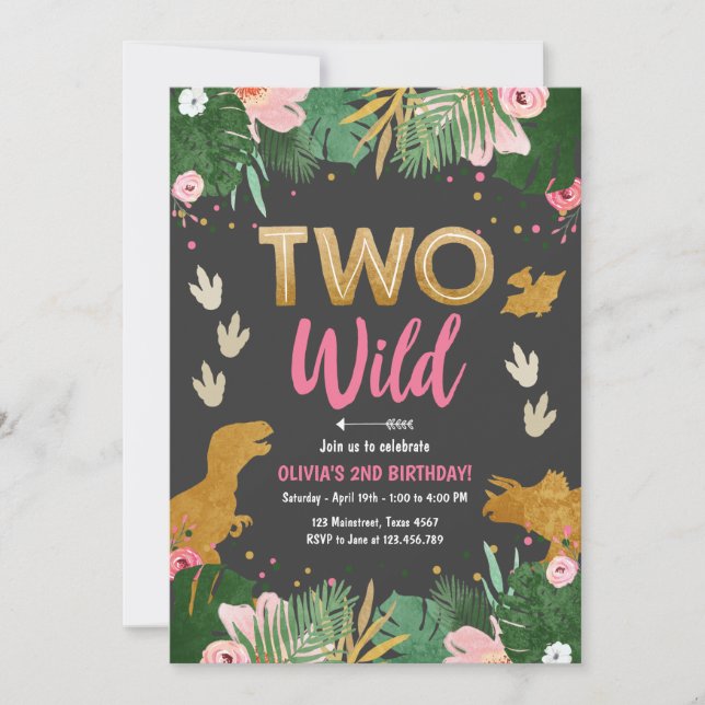 Two Wild Dino Party Girl Pink Dinosaur Birthday Invitation (Front)