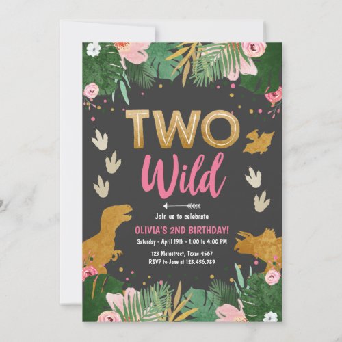 Two Wild Dino Party Girl Pink Dinosaur Birthday Invitation