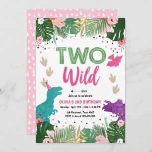 Two Wild Dino Party Girl Pink Dinosaur Birthday Invitation