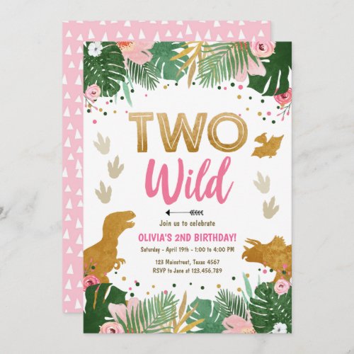 Two Wild Dino Party Girl Pink Dinosaur Birthday Invitation