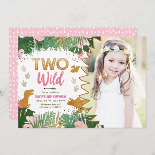 Two Wild Dino Party Girl Pink Dinosaur Birthday Invitation