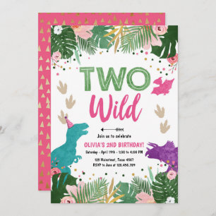 Two Wild Dino Party Girl Pink Dinosaur Birthday Invitation