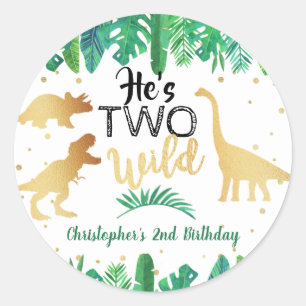 Two Wild Dinosaur Boys 2nd Birthday Party Favor Classic Round Sticker