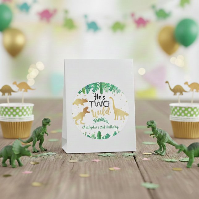 Two Wild Dinosaur Boys 2nd Birthday Party Favor Classic Round Sticker (Creator Uploaded)