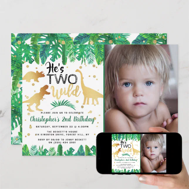 Two Wild Dinosaur Boys 2nd Birthday Photo Invitation | Zazzle