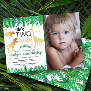 Two Wild Dinosaur Boys 2nd Birthday Photo Invitation