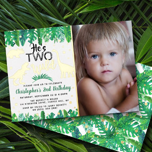 Two Wild Dinosaur Boys 2nd Birthday Photo Real Foil Invitation