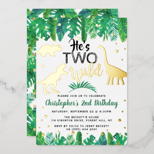 Two Wild Dinosaur Boys 2nd Birthday Real Foil Invitation