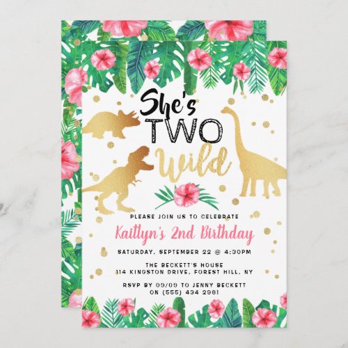 Two Wild Dinosaur Girls 2nd Birthday Invitation